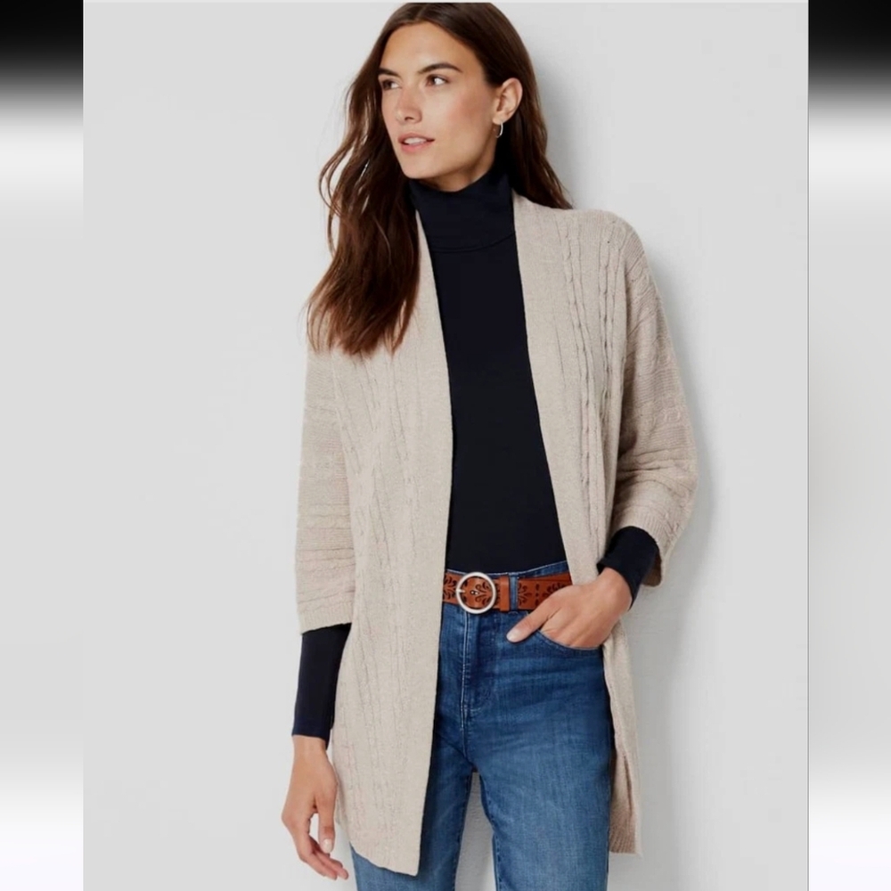 J. Jill Cable Knit Womens Medium Beige Three-quarter Sleeve Cardigan Sweater